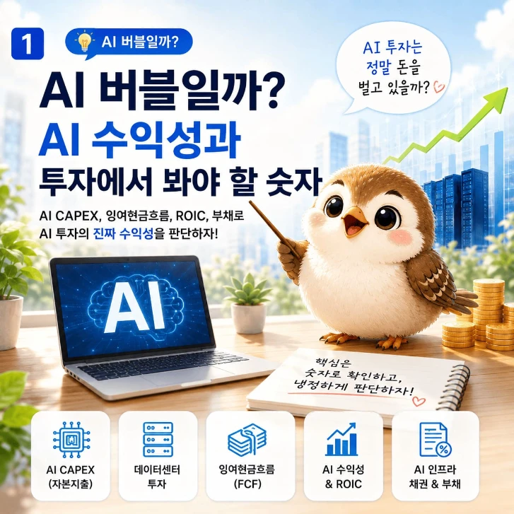 AI 버블과 수익성, AI CAPEX·잉여현금흐름·ROIC·부채를 설명하는 참새 인포그래픽