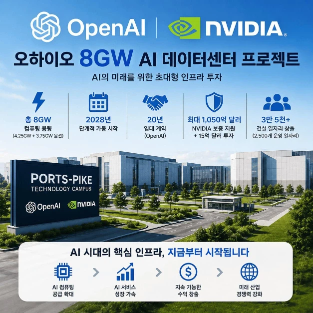 OpenAI와 NVIDIA 오하이오 8GW AI 데이터센터 프로젝트 규모와 20년 임대, 대규모 인프라 투자를 보여주는 흐름입니다