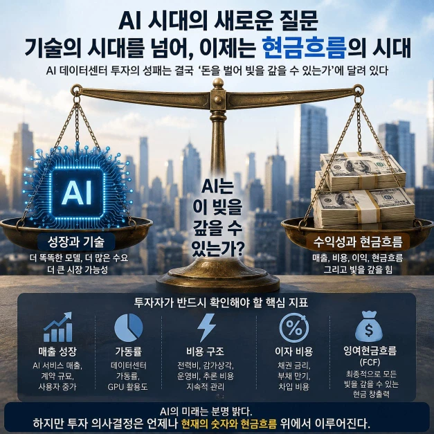 AI 데이터센터 투자에서 성장과 기술보다 수익성, 이자비용, 전력비와 잉여현금흐름을 함께 봐야 함을 표현