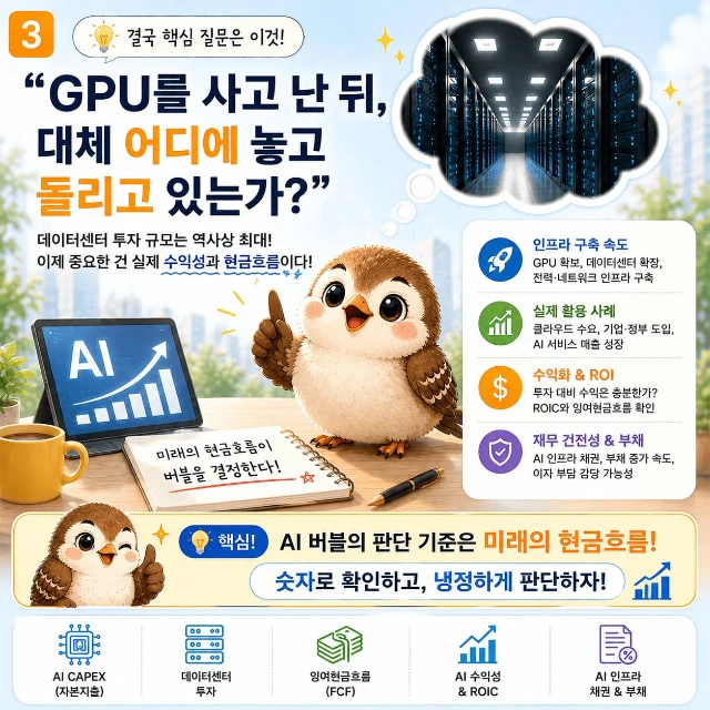 GPU 투자 이후 데이터센터 가동과 현금흐름, ROI를 질문하는 참새 인포그래픽