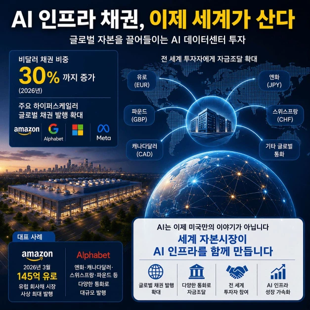 AI 인프라 채권과 글로벌 자본시장, 비달러 채권 확대를 설명하는 인포그래픽