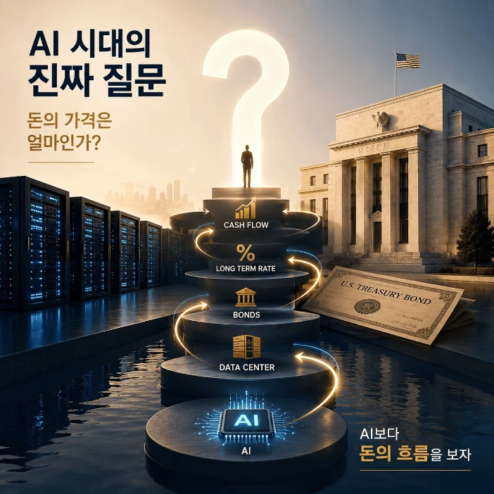 AI 산업의 성장과 미국 장기금리, 채권시장, 데이터센터 투자, 현금흐름의 연결을 상징적으로 표현한 이미지입니다. AI 반도체와 데이터센터 투자가 채권 발행과 장기금리 상승으로 이어지고, 결국 수익성과 현금흐름으로 평가받는 흐름을 보여줍니다.