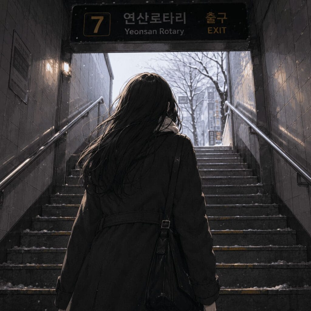 부산 연산로타리 7번 출구 계단을 올라가며 힘든 하루를 되돌아보는 긴 머리 여성