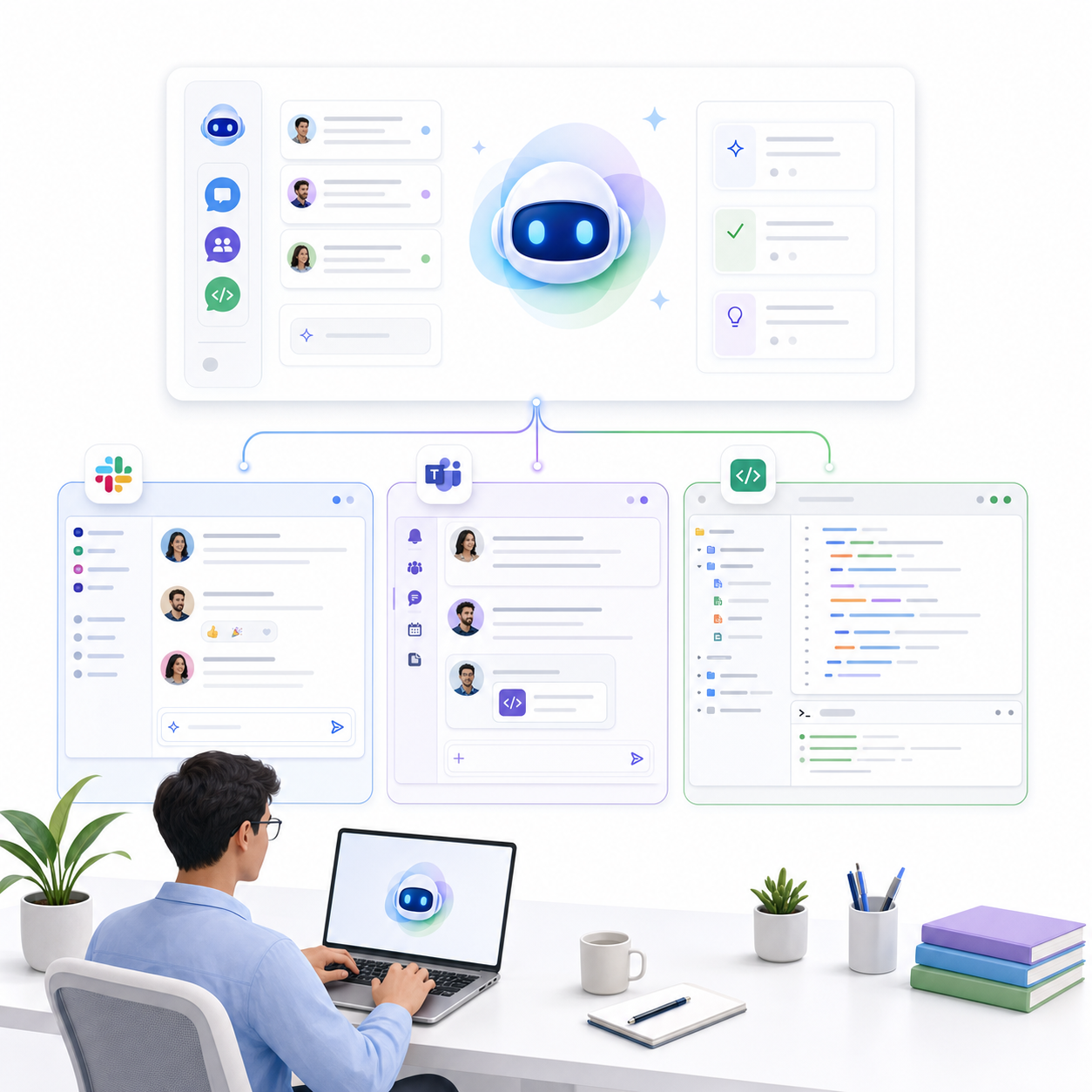 GitHub Copilot 주간 업데이트를 상징하는 IDE 화면과 Slack·Teams 세션 아이콘이 연결