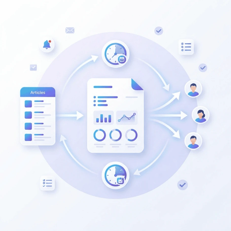Inoreader 팀을 위한 공유 기능 풀 소개 - inoreader automatic team report workflow 1 Inoreader 자동 팀 리포트 생성 및 팀 공유 흐름 을 보여줍니다