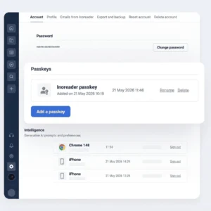 Inoreader 계정 설정에서 패스키를 추가하고 관리하는 화면입니다