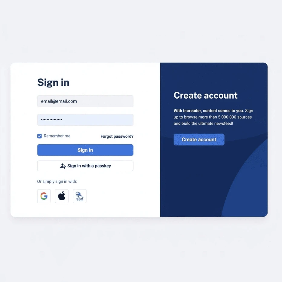 Inoreader 패스키 로그인 버튼이 포함된 로그인 설정입니다