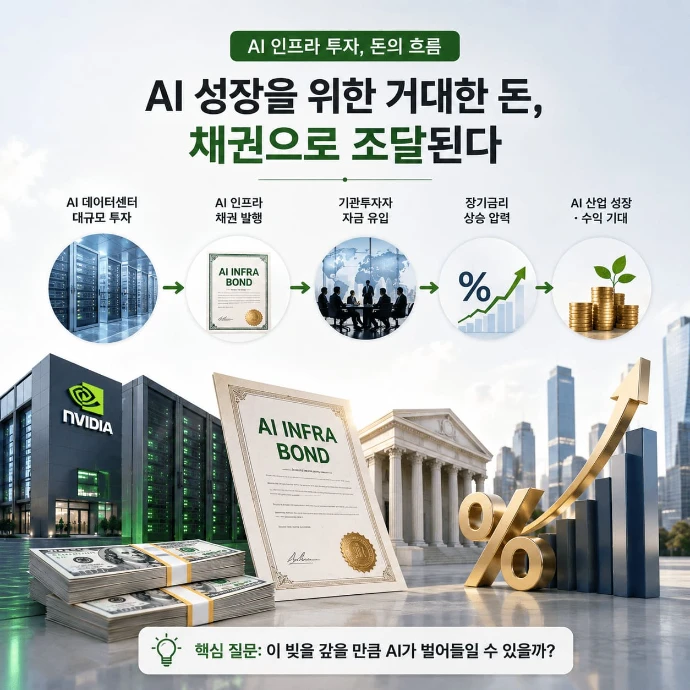 NVIDIA 투자 관점에서 AI 데이터센터 자금조달과 인프라 채권 발행, 기관투자자 유입, 미국 장기금리 상승 압력, AI 산업 성장과 수익성 회수 구조를 보여주는 인포그래픽
