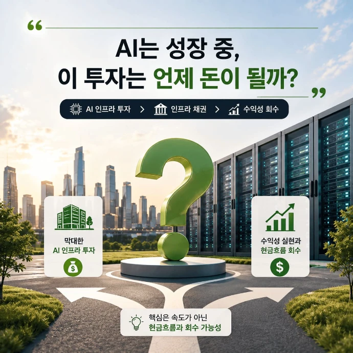NVIDIA 투자와 AI 인프라 투자 회수 시점을 중심으로 데이터센터 투자, 인프라 채권, 현금흐름, 수익성 실현 가능성과 장기 자본 회수 구조를 설명한 인포그래픽