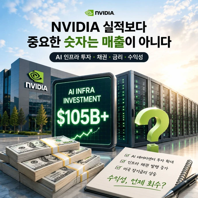 NVIDIA 투자 대표 이미지로 AI 데이터센터 투자 확대, 인프라 채권 발행 증가, 미국 장기금리 상승, 수익성 회수와 현금흐름 문제를 함께 보여주는 인포그래픽