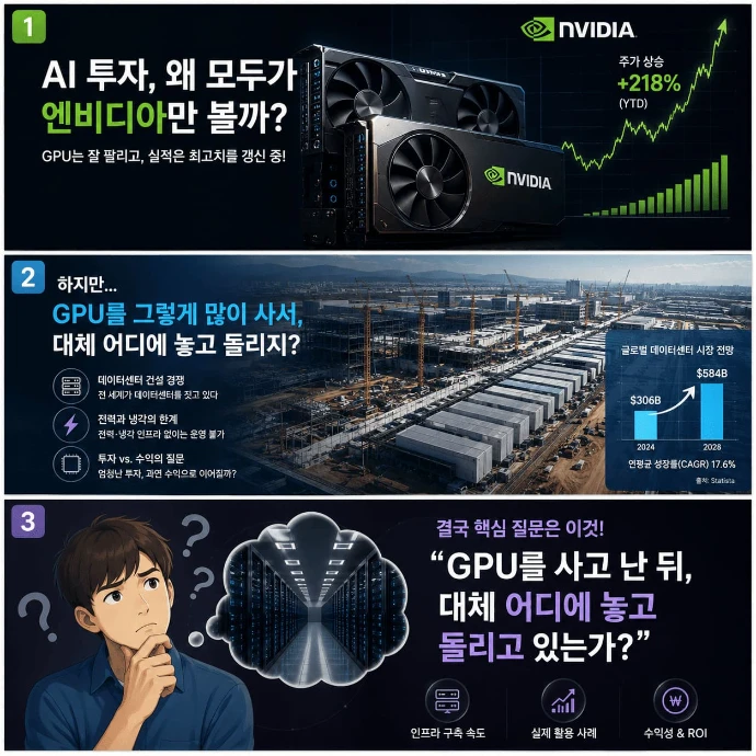 NVIDIA 투자와 GPU 수요를 중심으로 AI 데이터센터 건설 확대, 전력·냉각 인프라, 실제 활용 사례, 투자 대비 수익성과 ROI 질문을 한눈에 정리한 인포그래픽
