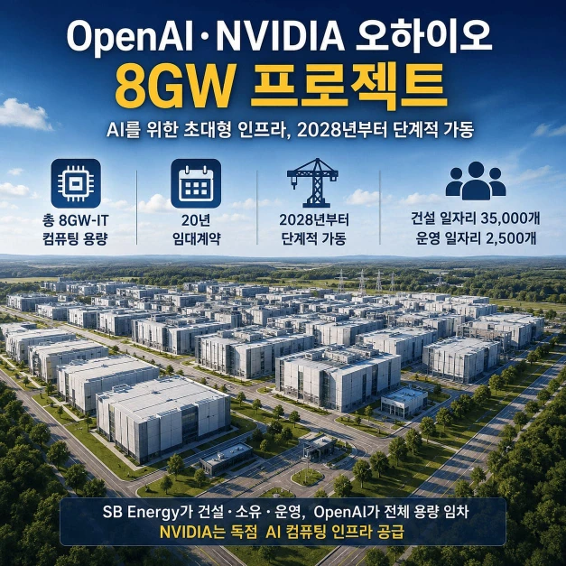 오하이오 PORTS-Pike AI 데이터센터의 8GW 컴퓨팅 용량과 2028년 가동, 20년 임대 구조를 설명한 인포그래픽