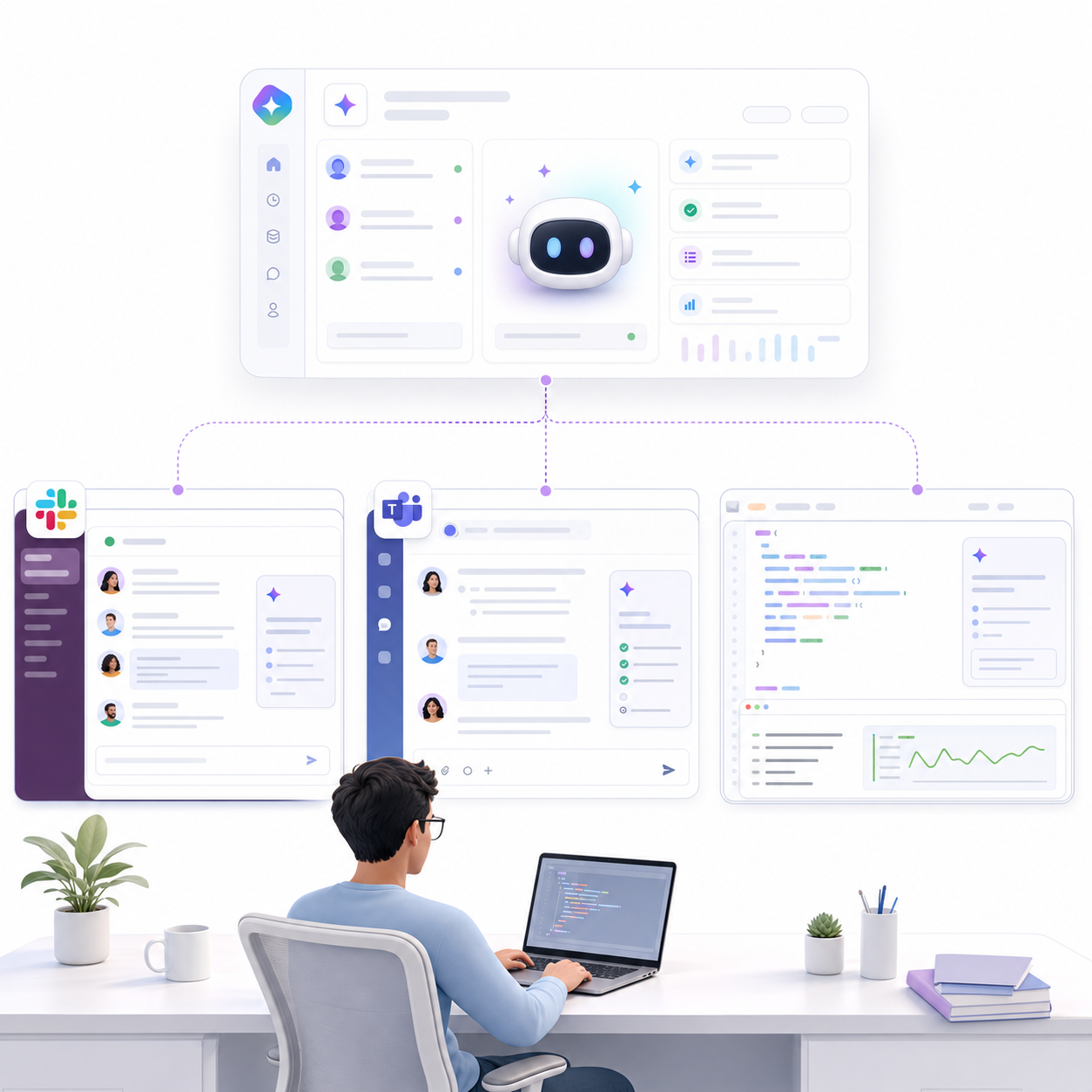 GitHub Copilot 주간 업데이트를 상징하는 IDE 화면과 Slack·Teams 세션 아이콘이 연결된 장면