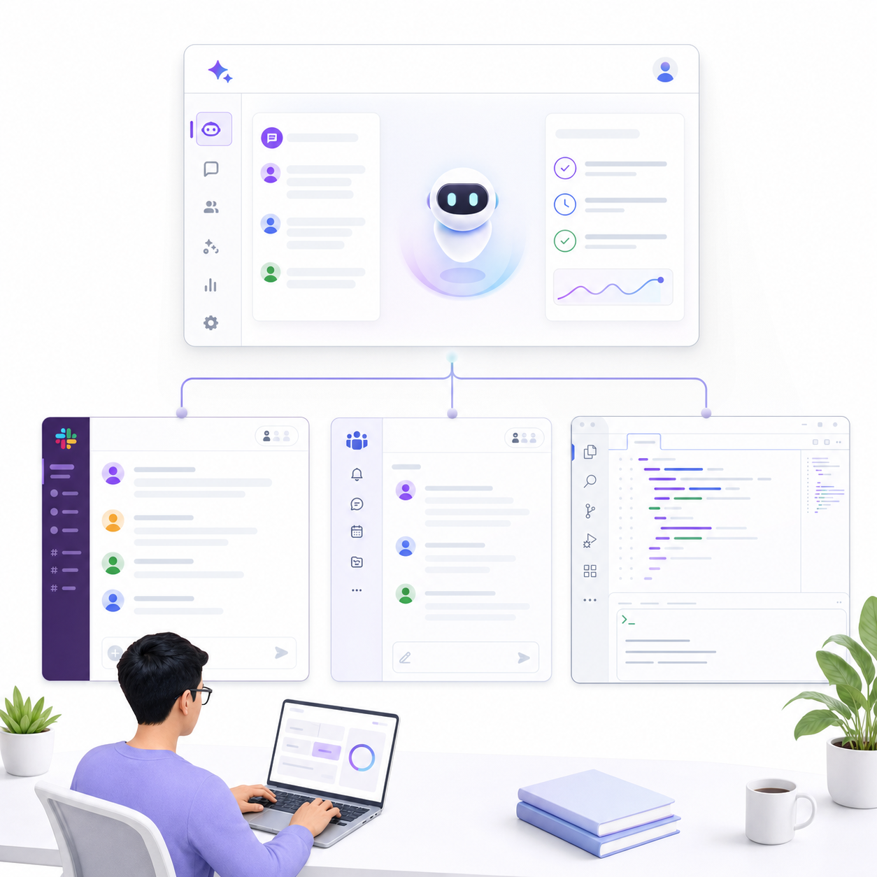 GitHub Copilot 주간 업데이트를 상징하는 IDE 화면과 Slack·Teams 세션 아이콘이 연결된 장면