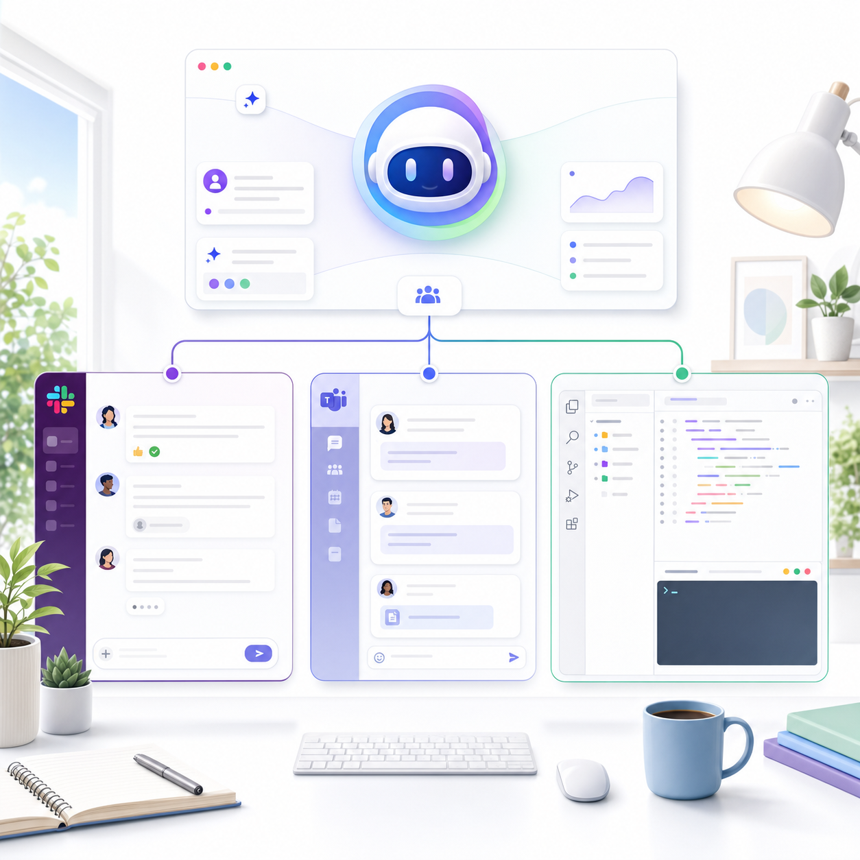 GitHub Copilot 주간 업데이트를 상징하는 IDE 화면과 Slack·Teams 세션 아이콘이 연결된 장면