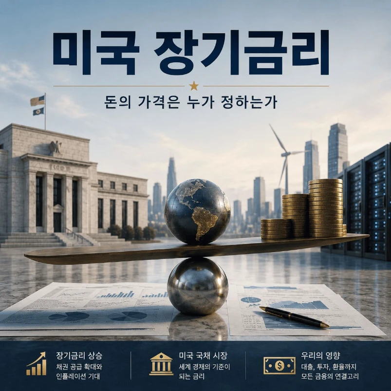 미국 장기금리와 AI 투자, 미국 국채시장, 데이터센터 자금조달과 돈의 흐름을 표현
