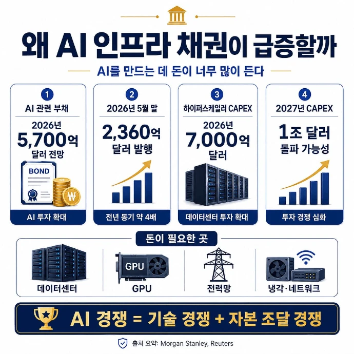 AI 인프라 채권 급증 배경과 하이퍼스케일러 투자 확대를 설명한 인포그래픽