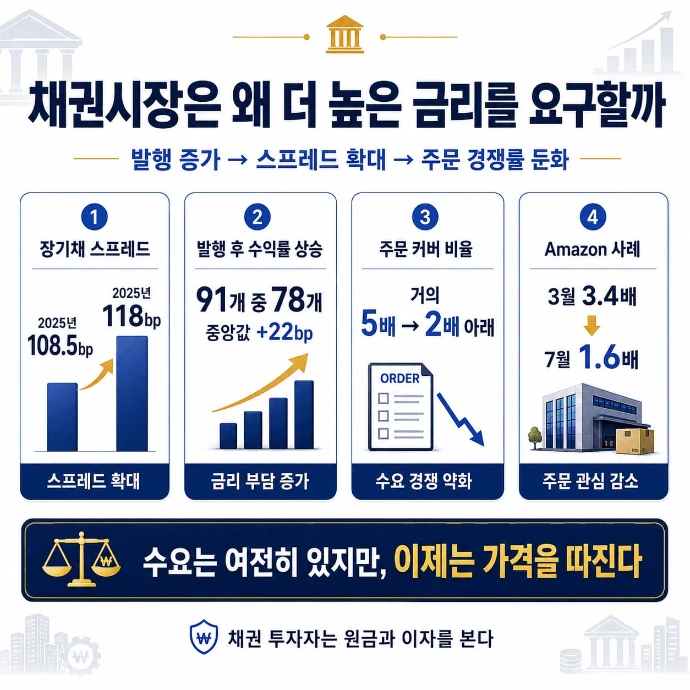 AI 관련 채권 발행 증가와 스프레드 확대, 금리 부담 증가를 보여주는 인포그래픽