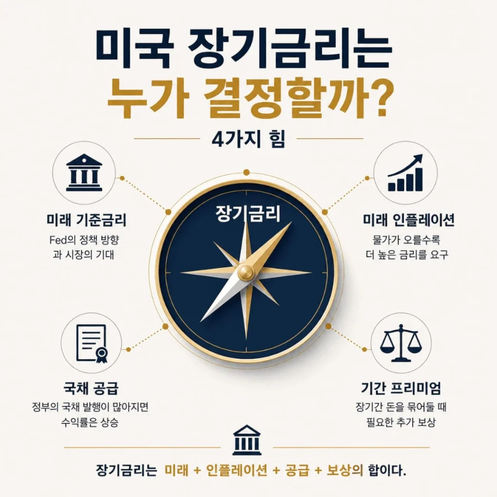 미국 장기금리가 오르는 이유를 정부 부채, AI 데이터센터 투자, 글로벌 자본 경쟁, 요구 수익률로 설명한 인포그래픽