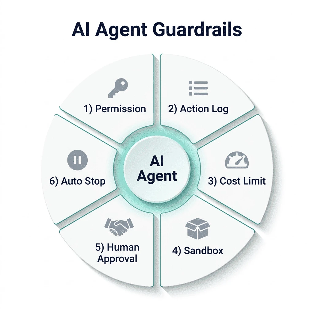 OpenAI 자동 셧다운과 AI 에이전트 가드레일 핵심 요소를 시각화한 구조도