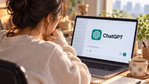 노트북 화면에 ChatGPT 로고가 크게 보이고, 여성 크리에이터가 ChatGPT 광고 흐름을 확인하는 작업이다.