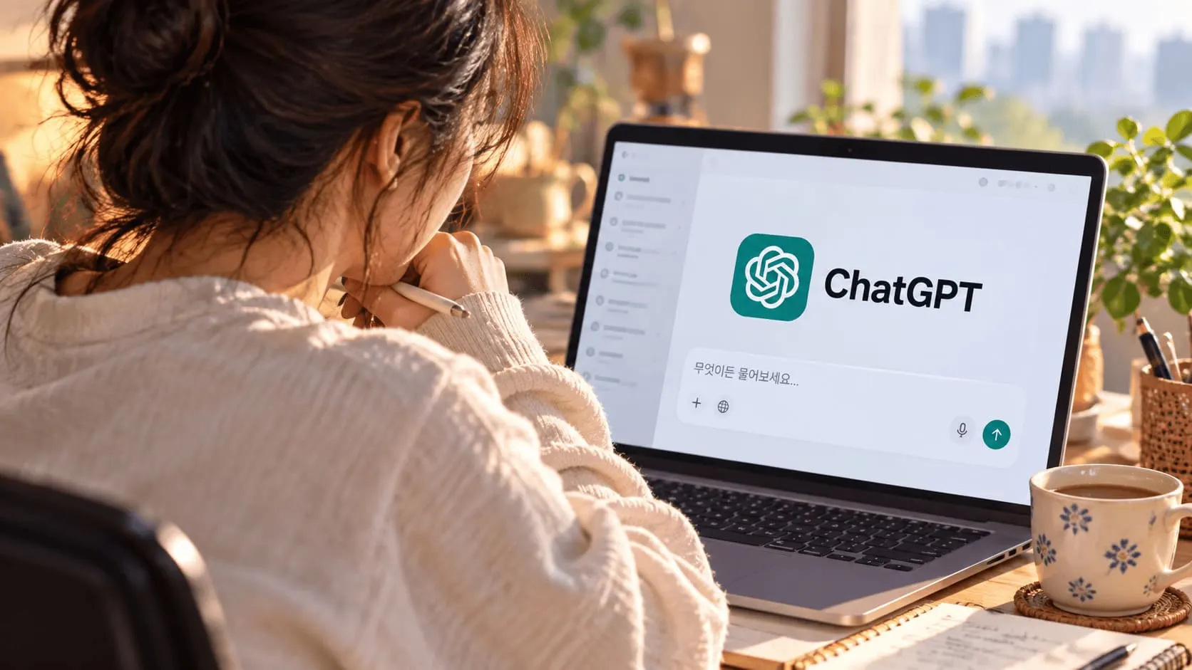 노트북 화면에 ChatGPT 로고가 크게 보이고, 여성 크리에이터가 ChatGPT 광고 흐름을 확인하는 작업이다.